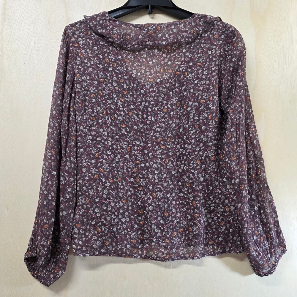 Lucky Brand Womens Floral Ruffle V-Neck Blouse Burgundy Long Sleeve Small NWT - Picture 3 of 16